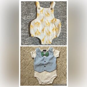 NWOT/EUC Mud Pie bow tie onside and muslin giraffe romper 9/12months